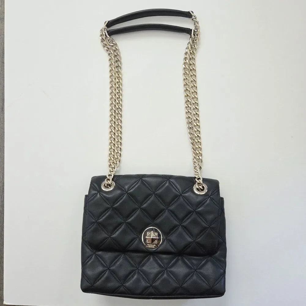 Kate Spade Natalia Small Quilted Shoulder Bag Black Faux Leather Gold Chain